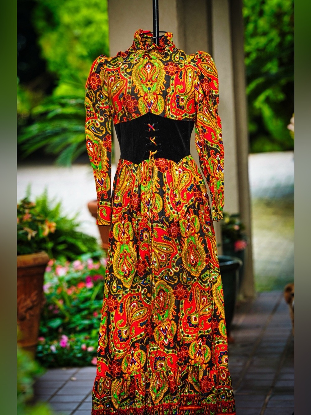Tracy Petites Vintage Paisley Velvet Corset Dress | Puff Sleeve Maxi